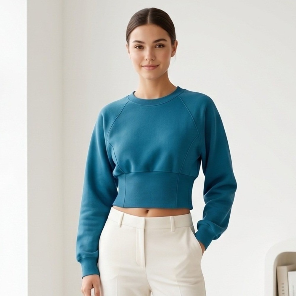 Victoria Secret Sweatshirt L Blue Corset Waist Cropped Raglan Fleece‎ Pullover